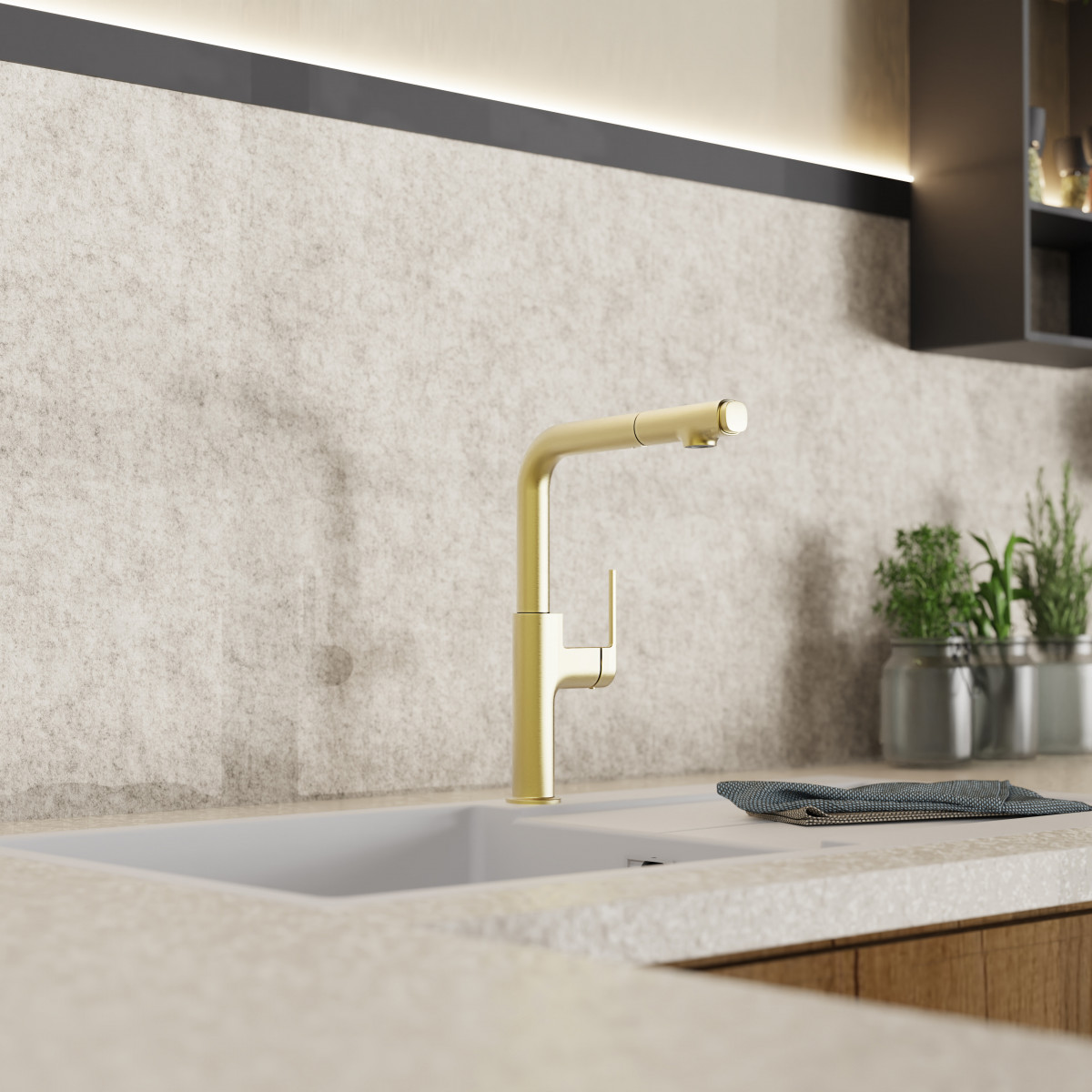 Polis, Kitchen faucet with straight spout and pull-out spray in burnished gold