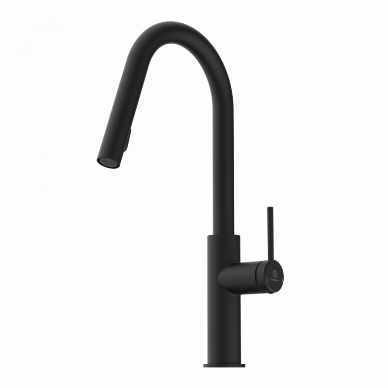 Rana Curve, Kitchen faucet with curved spout and pull-down spray in matte black