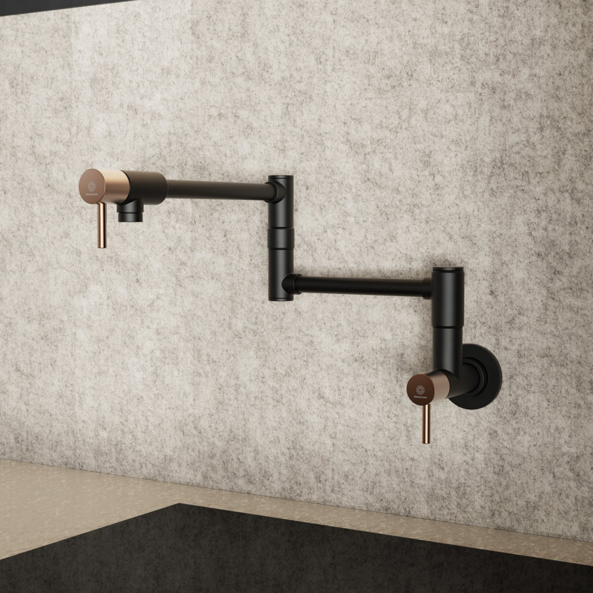 Pot Filler, wall-mounted articulated mixer tap in matte black and rose gold Pot Filler, wall-mounted articulated mixer tap in matte black and rose gold