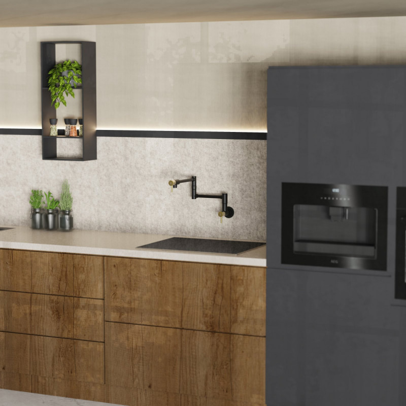 Pot Filler, wall-mounted articulated mixer tap in matte black and brushed gold