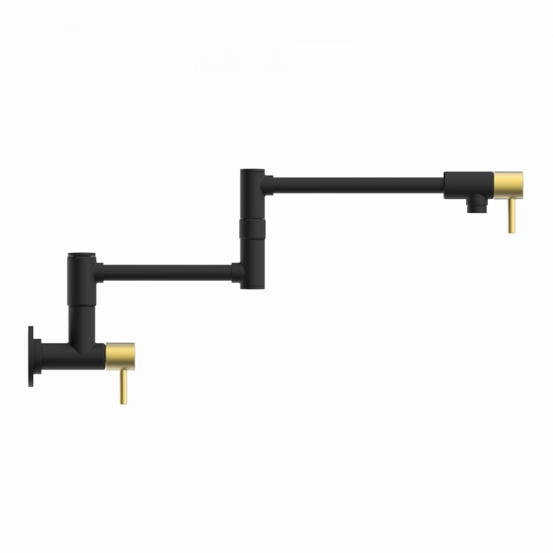 Pot Filler, wall-mounted articulated mixer tap in matte black and brushed gold