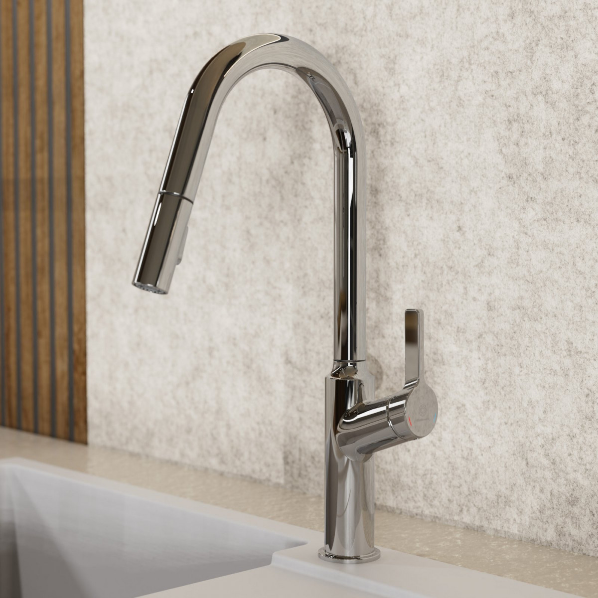 Okab, Kitchen faucet with curved spout and pull-down spray in chrome Okab, Kitchen faucet with curved spout and pull-down spray in chrome