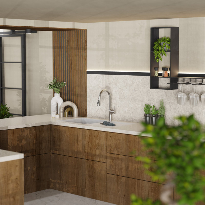Maia, Kitchen faucet with arched spout and pull-down spray in brushed nickel