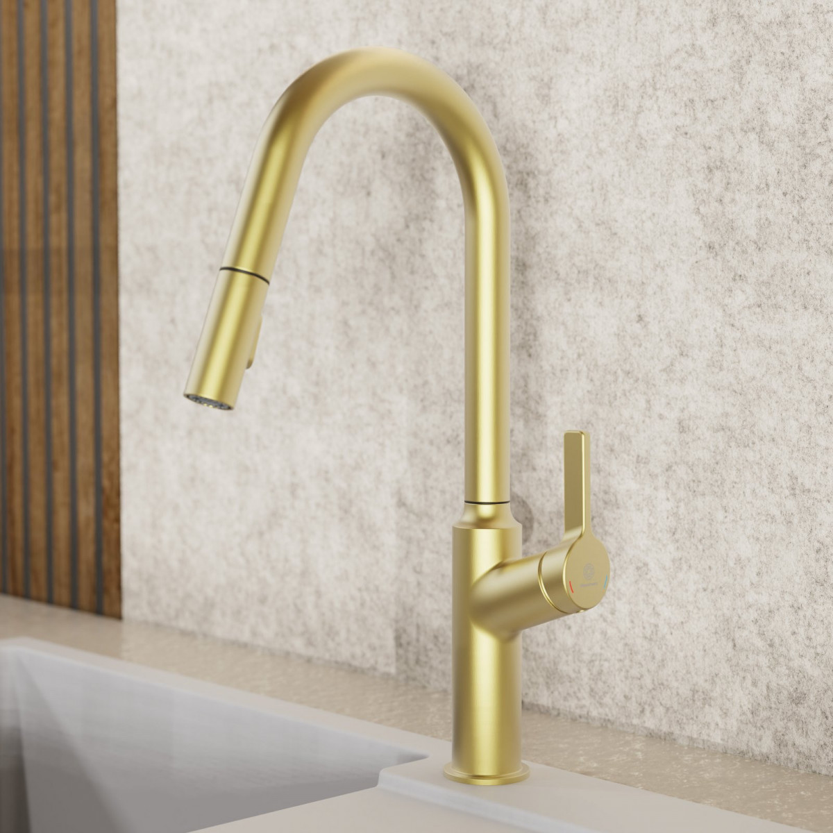 Okab, Kitchen faucet with curved spout and pull-down spray in brushed gold Okab, Kitchen faucet with curved spout and pull-down spray in brushed gold