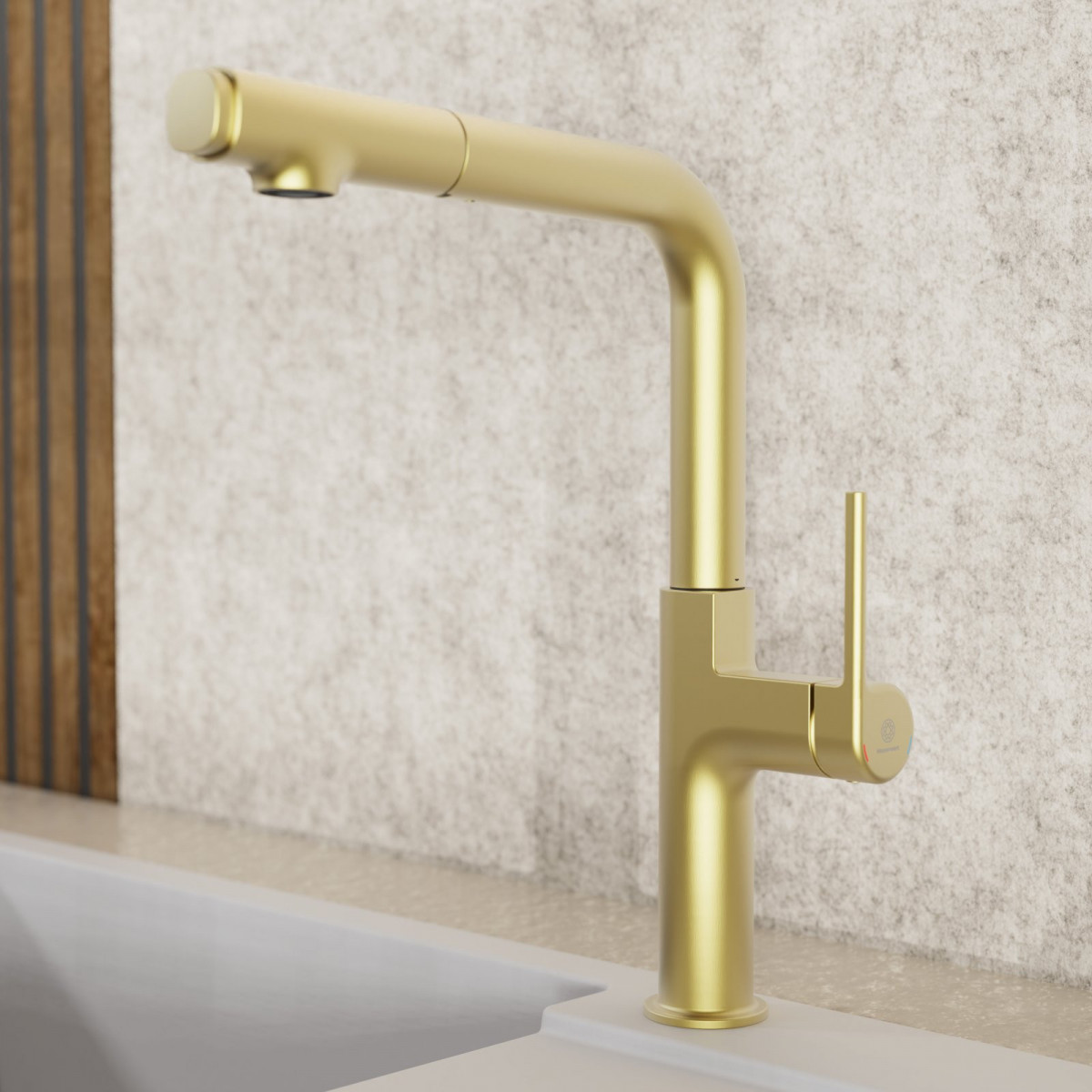Polis, Kitchen faucet with straight spout and pull-out spray in brushed gold Polis, Kitchen faucet with straight spout and pull-out spray in brushed gold