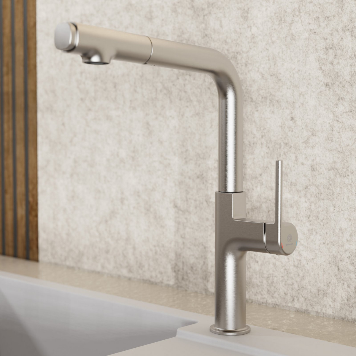 Polis, Kitchen faucet with straight spout and pull-out spray in brushed nickel Polis, Kitchen faucet with straight spout and pull-out spray in brushed nickel