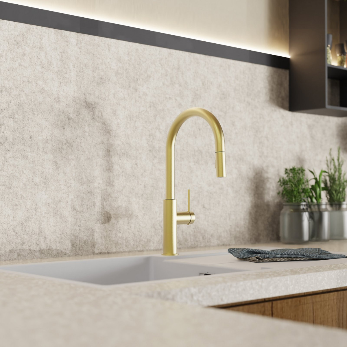 Rana Sphere, Kitchen faucet with curved spout and pull-down spray in brushed gold Rana Sphere, Kitchen faucet with curved spout and pull-down spray in brushed gold