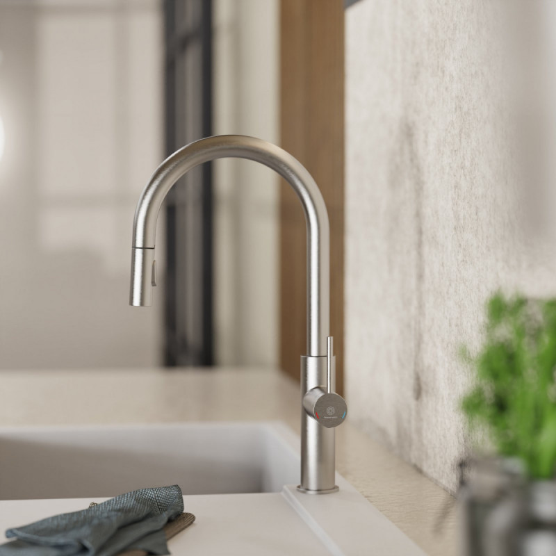 Rana Sphere, Kitchen faucet with curved spout and pull-down spray in brushed nickel