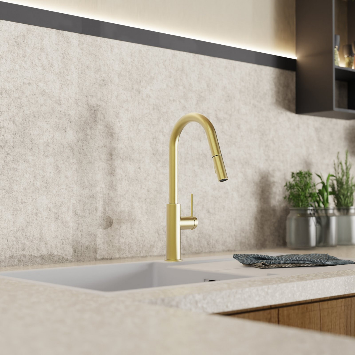 Rana Curve, Kitchen faucet with curved spout and pull-down spray in brushed gold Rana Curve, Kitchen faucet with curved spout and pull-down spray in brushed gold