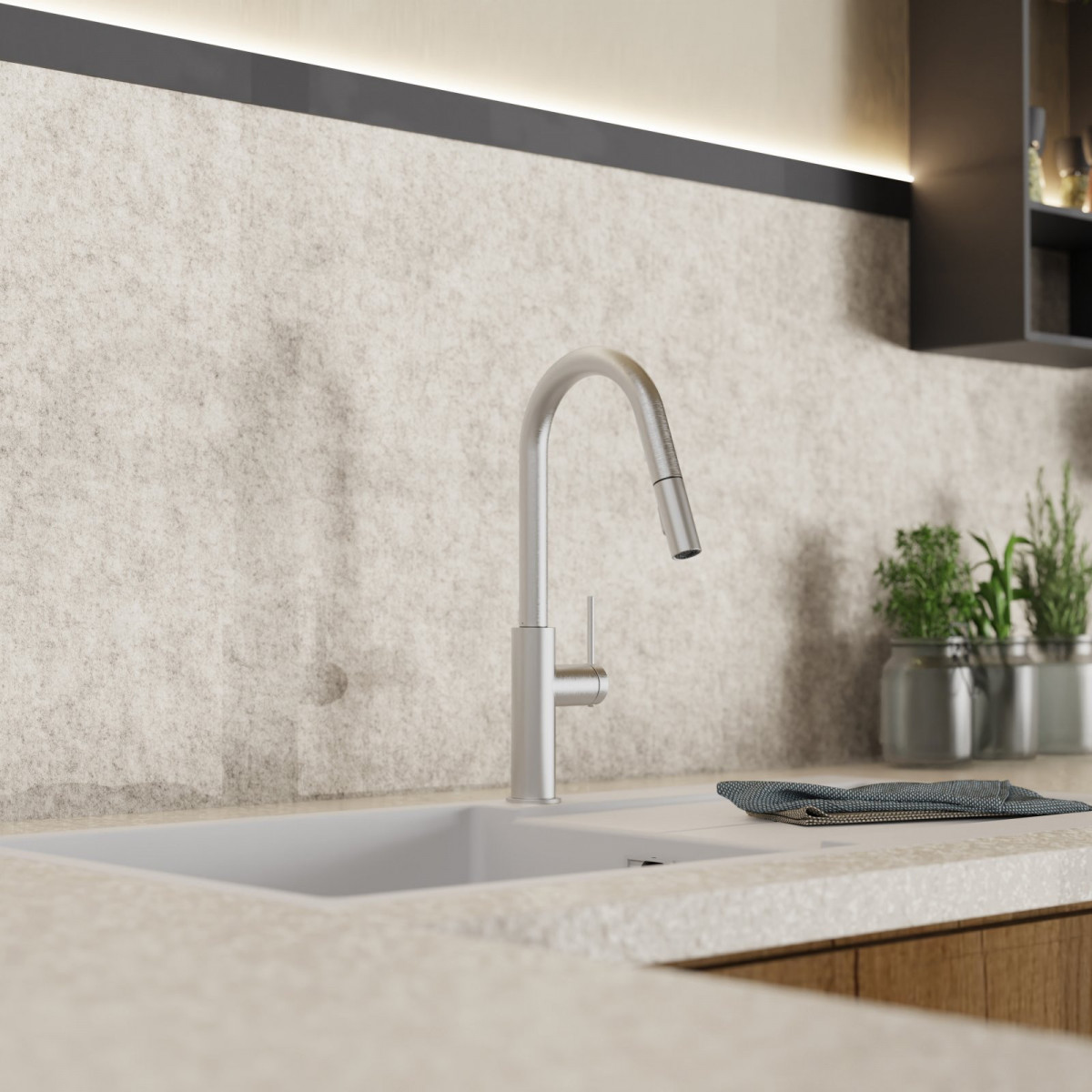 Rana Curve, Kitchen faucet with curved spout and pull-down spray in brushed nickel Rana Curve, Kitchen faucet with curved spout and pull-down spray in brushed nickel