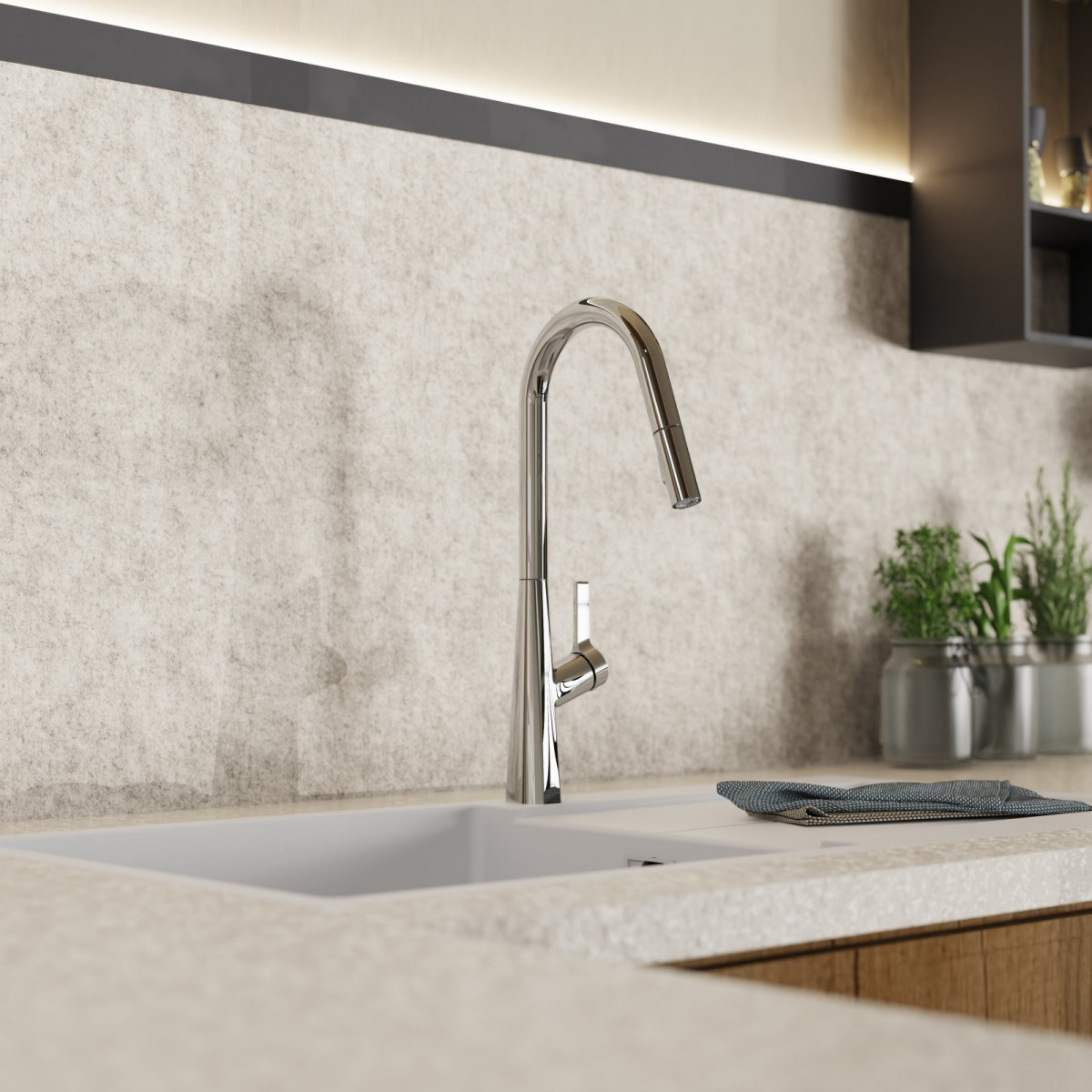 Keid Curve, Kitchen faucet with curved spout and pull-down spray in chrome Keid Curve, Kitchen faucet with curved spout and pull-down spray in chrome