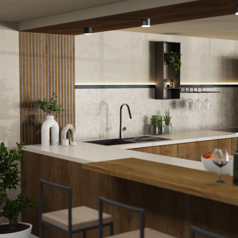 Keid Curve, Kitchen faucet with curved spout and pull-down spray in matte graphite