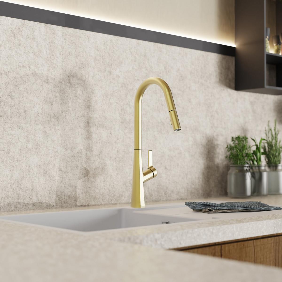 Keid Curve, Kitchen faucet with curved spout and pull-down spray in brushed gold Keid Curve, Kitchen faucet with curved spout and pull-down spray in brushed gold