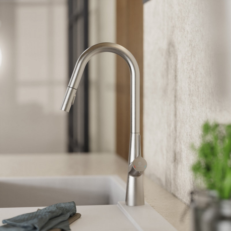 Keid Curve, Kitchen faucet with curved spout and pull-down spray in brushed nickel