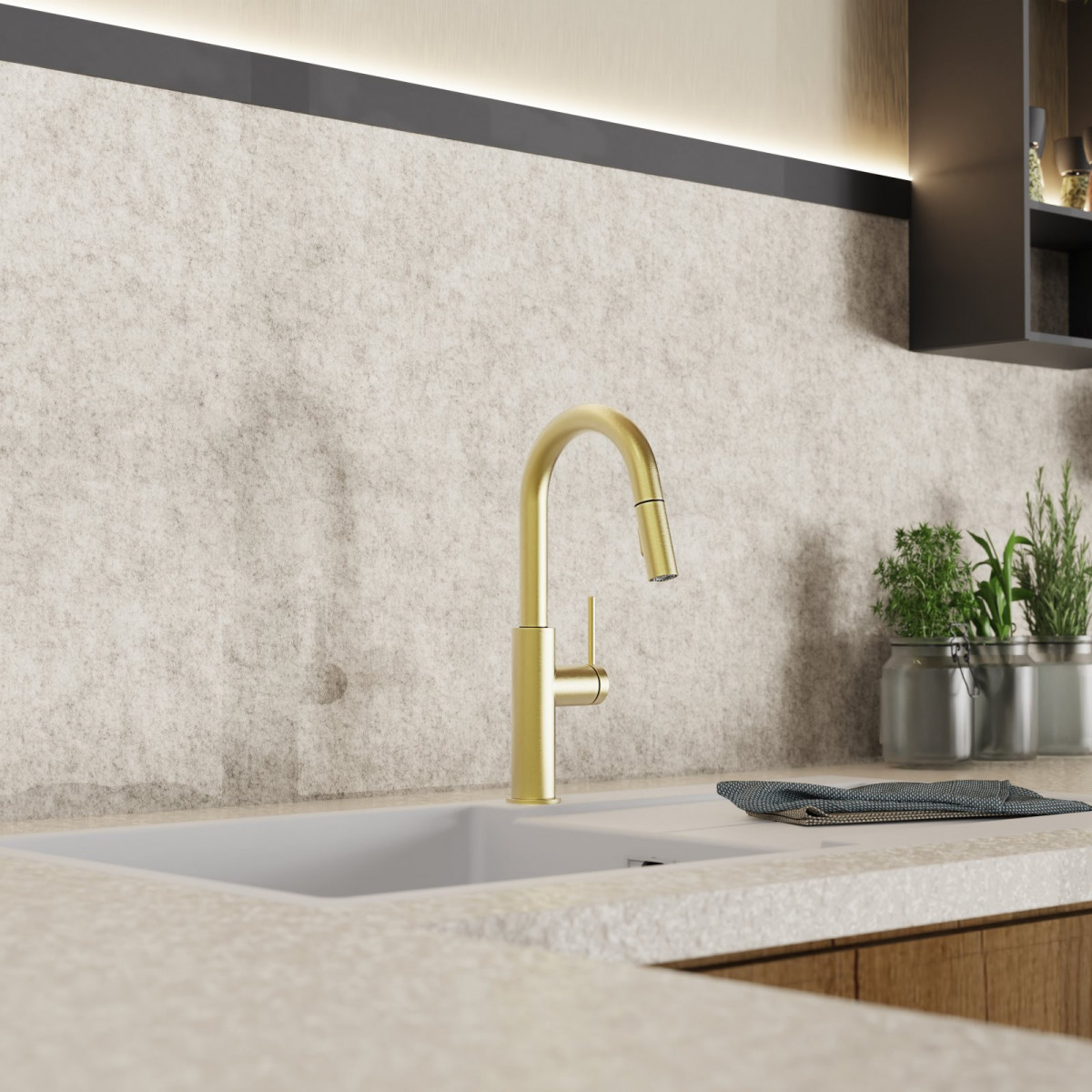 Rana Prep, Kitchen faucet with low curved spout and pull-down spray in brushed gold Rana Prep, Kitchen faucet with low curved spout and pull-down spray in brushed gold