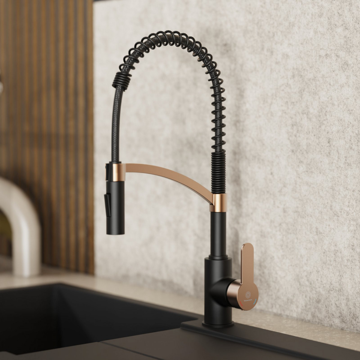 Felis Semi-Pro, Kitchen faucet semi-pro with pull-down spiral spring in matte black and rose gold Felis Semi-Pro, Kitchen faucet semi-pro with pull-down spiral spring in matte black and rose gold