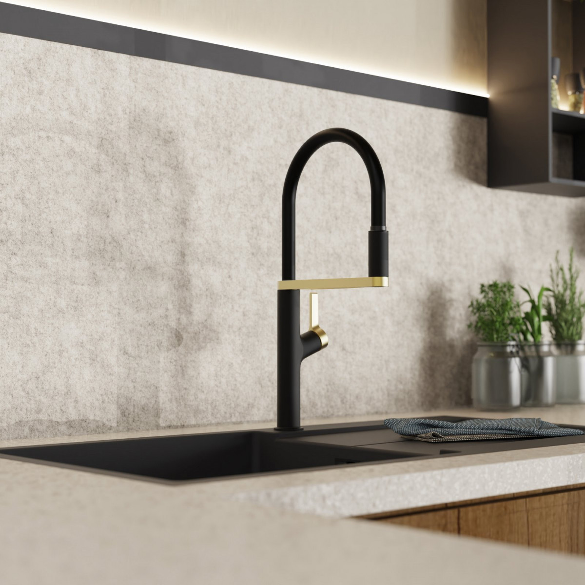 Atik, Kitchen faucet semi-pro with pull-down soft-touch hose in matte black and brushed gold Atik, Kitchen faucet semi-pro with pull-down soft-touch hose in matte black and brushed gold