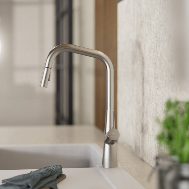 Keid Edge, Kitchen faucet with edged spout and pull-down spray in brushed nickel