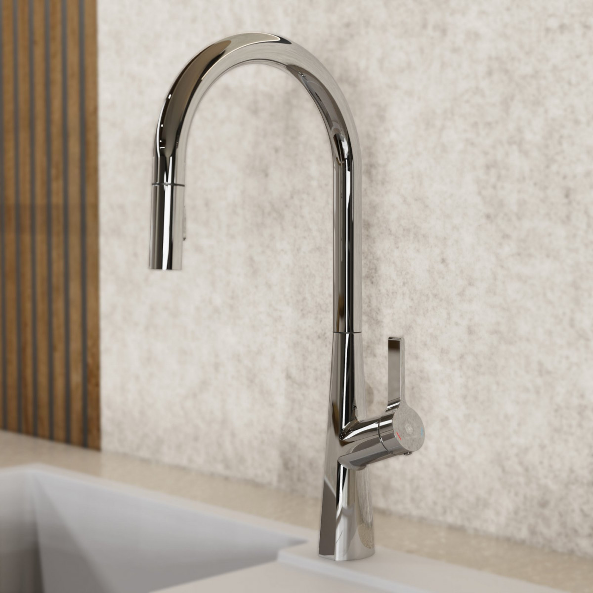Keid Sphere, Kitchen faucet with arched spout and pull-out spray in chrome