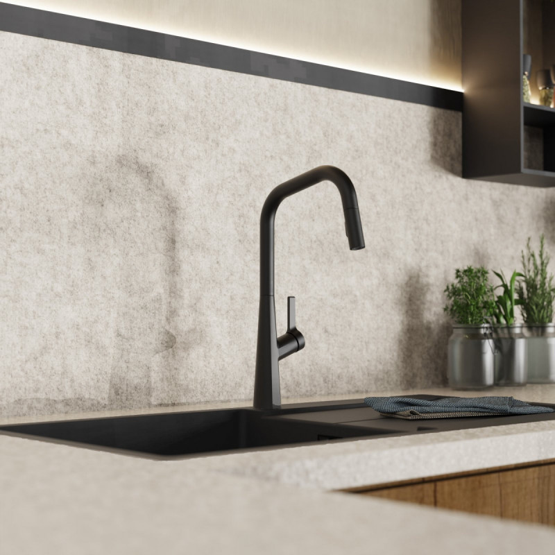 Keid Edge, Kitchen faucet with edged spout and pull-down spray in matte black