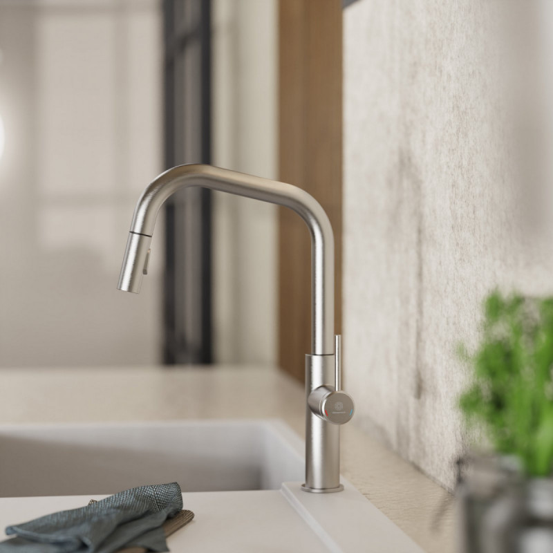 Rana Edge, Kitchen faucet with edged spout and pull-down spray in brushed nickel