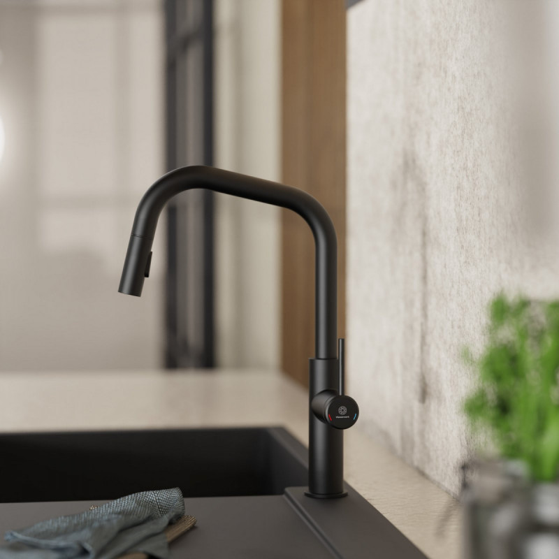 Rana Edge, Kitchen faucet with edged spout and pull-down spray in matte black