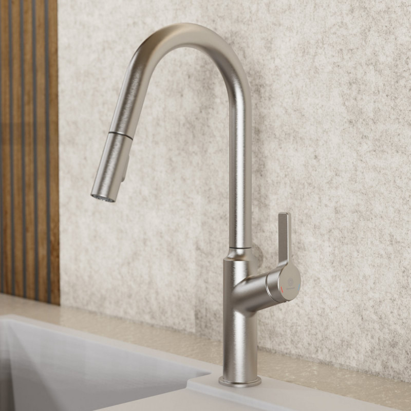 Okab, Kitchen faucet with curved spout and pull-down spray in brushed nickel