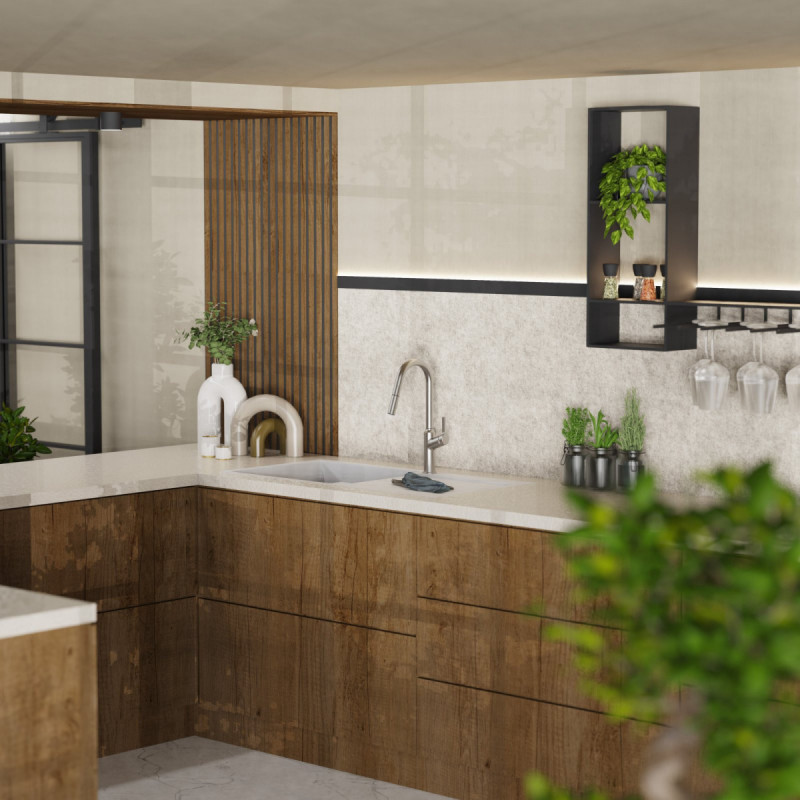 Okab, Kitchen faucet with curved spout and pull-down spray in brushed nickel