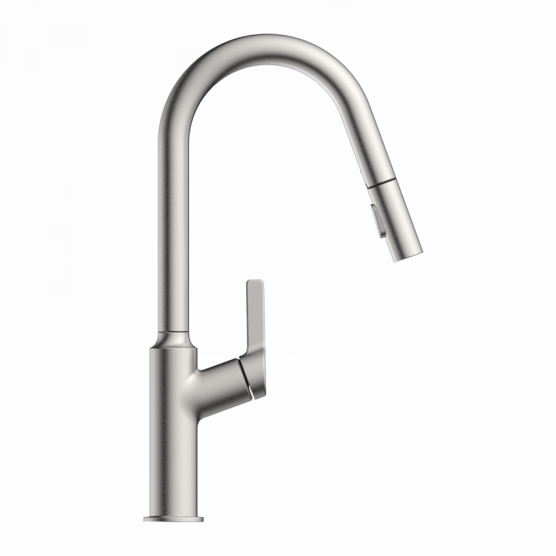 Okab, Kitchen faucet with curved spout and pull-down spray in brushed nickel