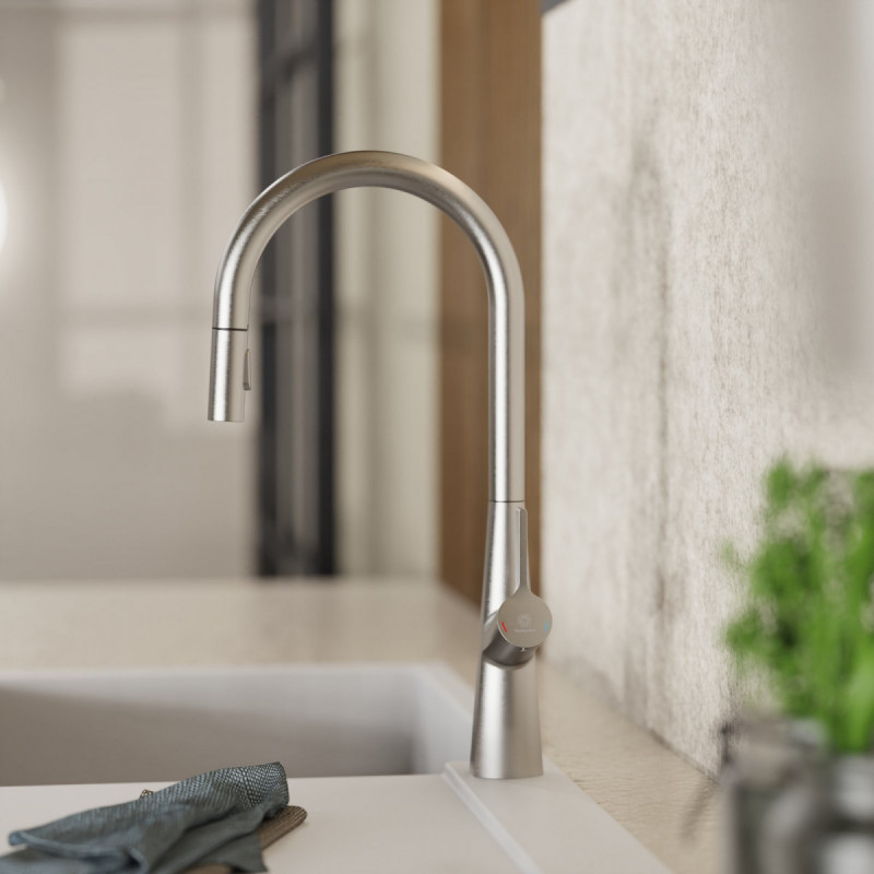 Keid Sphere, Kitchen faucet with arched spout and pull-out spray in brushed nickel