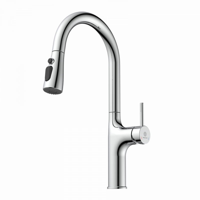 Maia, Kitchen faucet with arched spout and pull-down spray in chrome
