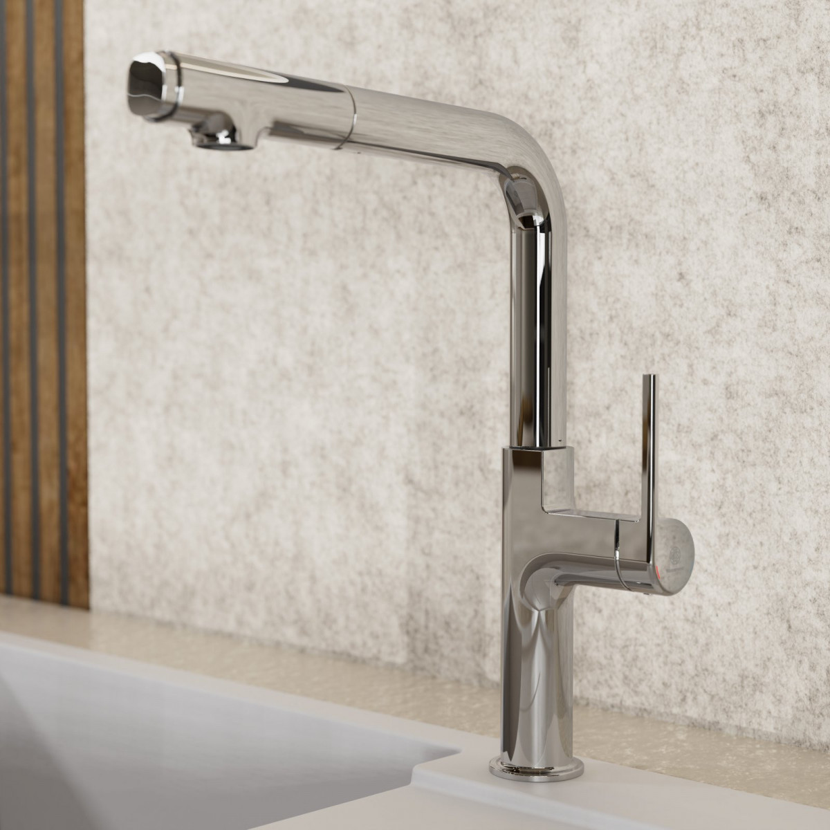 Polis, Kitchen faucet with straight spout and pull-out spray in chrome