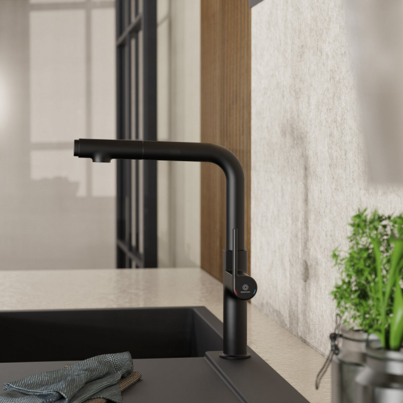 Polis, Kitchen faucet with straight spout and pull-out spray in matte black