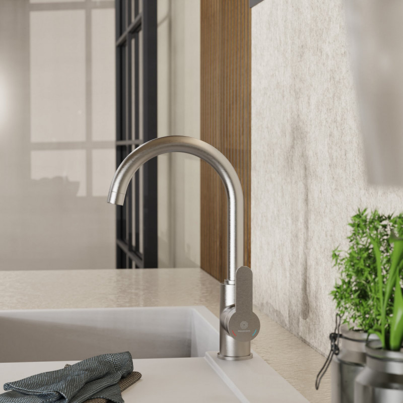 Felis Bar, Kitchen faucet with arched spout in brushed nickel