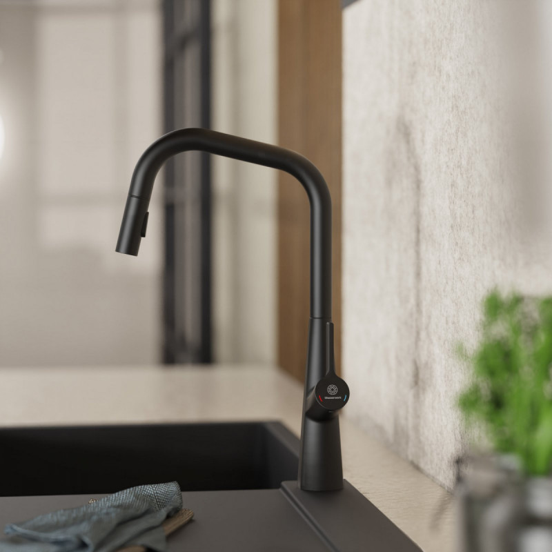 Keid Edge, Kitchen faucet with edged spout and pull-down spray in matte black