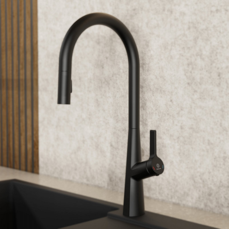 Keid Sphere, Kitchen faucet with arched spout and pull-out spray in matte black