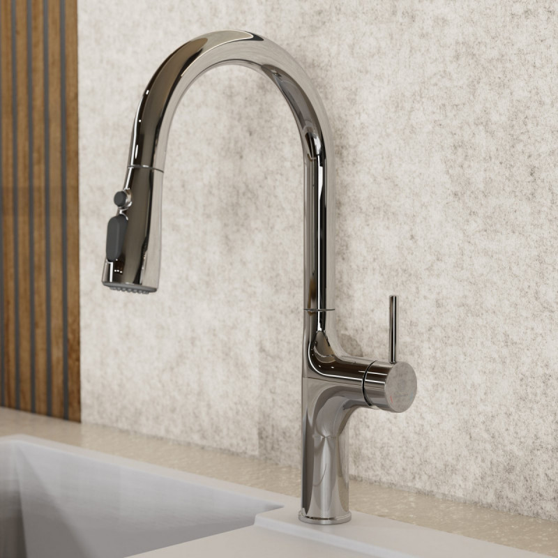 Maia, Kitchen faucet with arched spout and pull-down spray in chrome