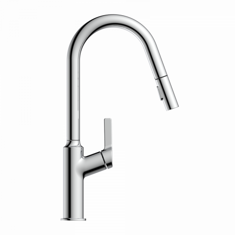 Okab, Kitchen faucet with curved spout and pull-down spray in chrome