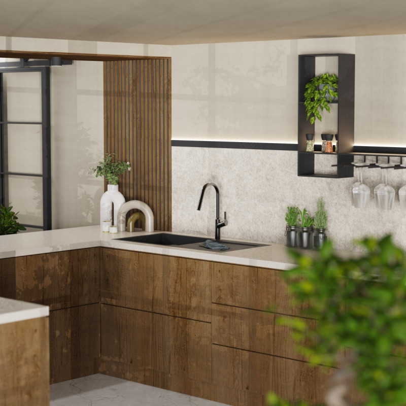 Okab, Kitchen faucet with curved spout and pull-down spray in matte graphite