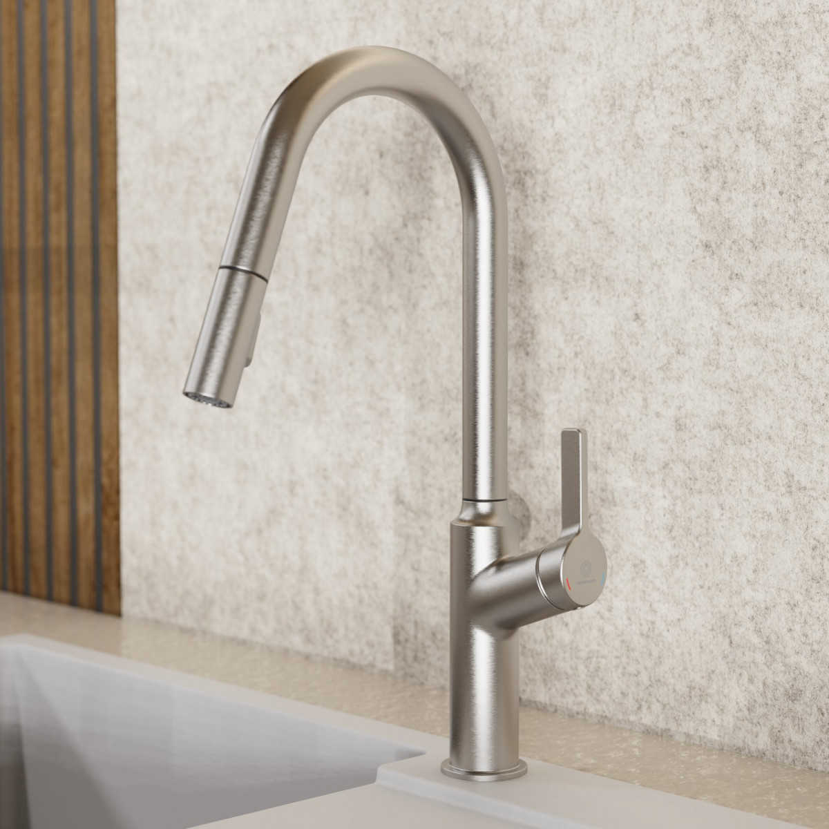 Okab, Kitchen faucet with curved spout and pull-down spray in brushed nickel