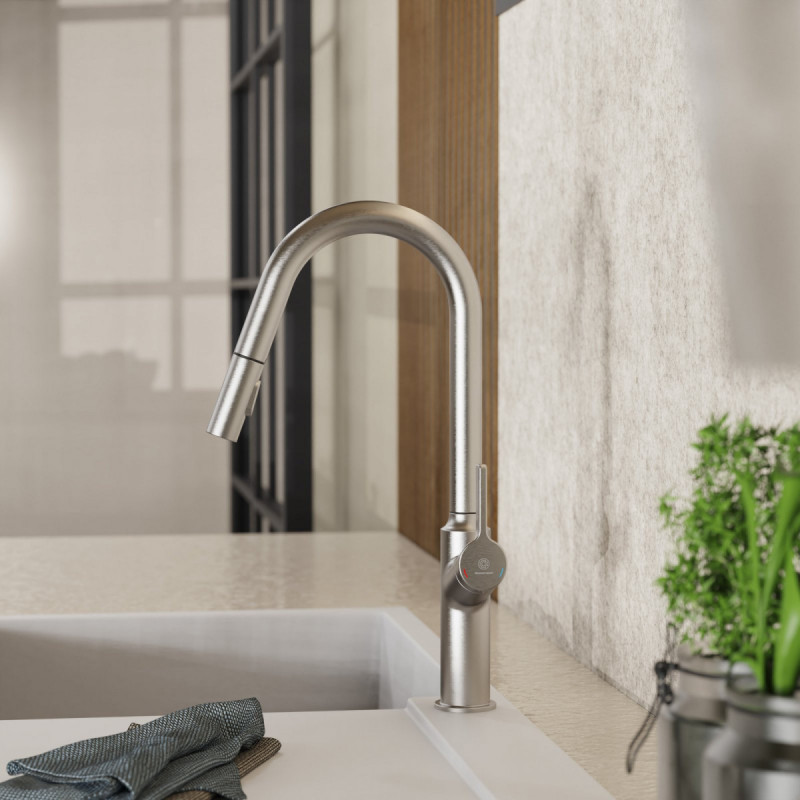 Okab, Kitchen faucet with curved spout and pull-down spray in brushed nickel