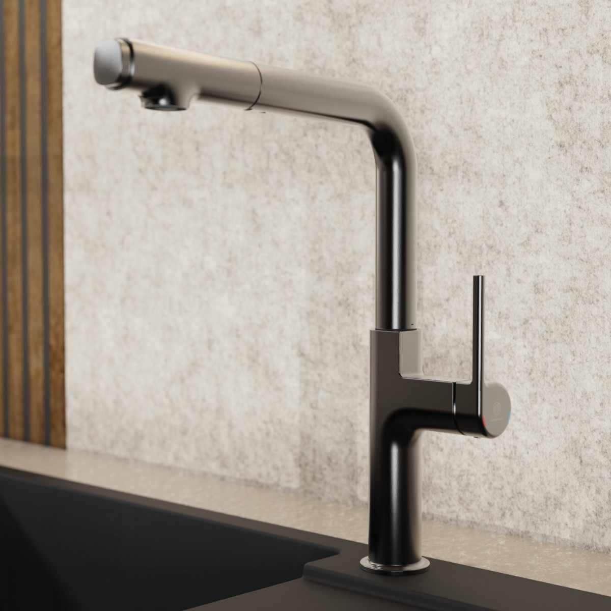Polis, Kitchen faucet with straight spout and pull-out spray in matte graphite