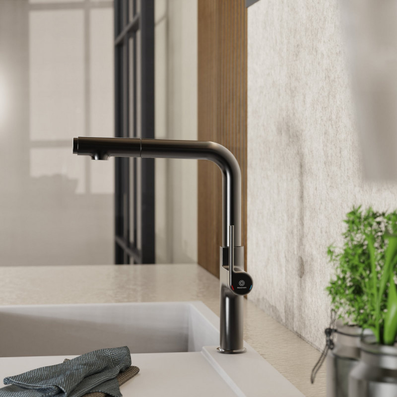 Polis, Kitchen faucet with straight spout and pull-out spray in matte graphite