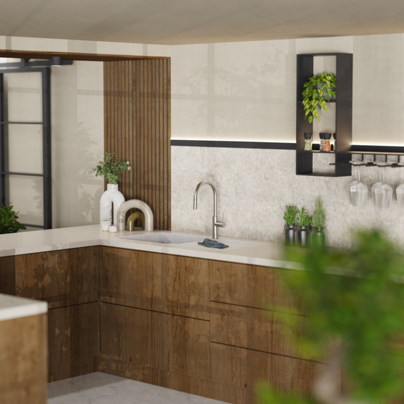 Rana Sphere, Kitchen faucet with curved spout and pull-down spray in brushed nickel