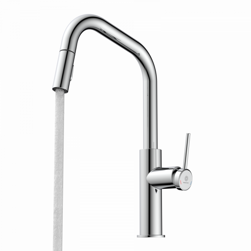 Rana Edge, Kitchen faucet with edged spout and pull-down spray in chrome