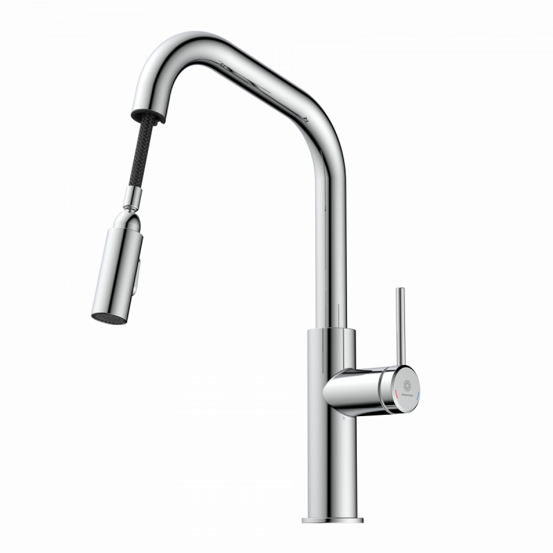 Rana Edge, Kitchen faucet with edged spout and pull-down spray in chrome