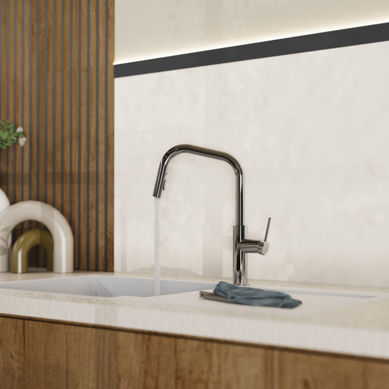 Rana Edge, Kitchen faucet with edged spout and pull-down spray in chrome