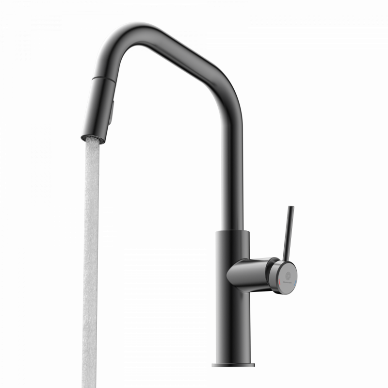 Rana Edge, Kitchen faucet with edged spout and pull-down spray in matte graphite