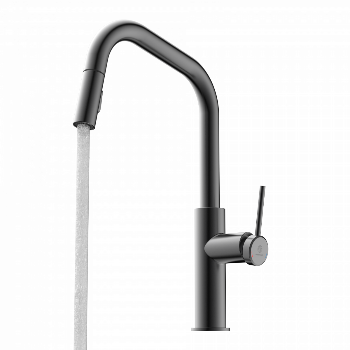 Rana Edge, Kitchen faucet with edged spout and pull-down spray in matte graphite