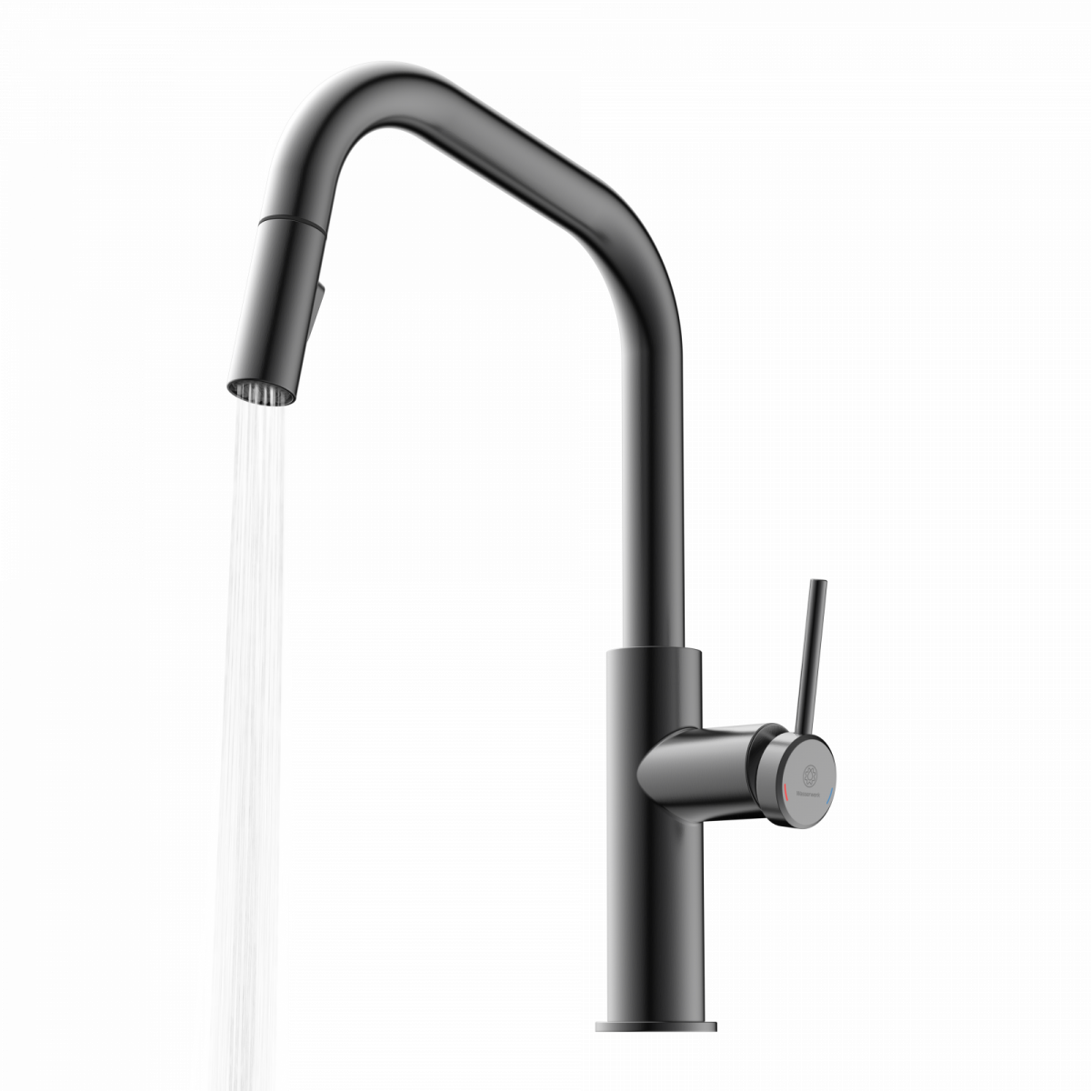 Rana Edge, Kitchen faucet with edged spout and pull-down spray in matte graphite